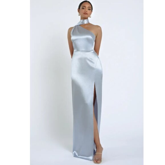 Whisper Blue Satin Halter Neck Scarf Gown Style Hepburn Size 14